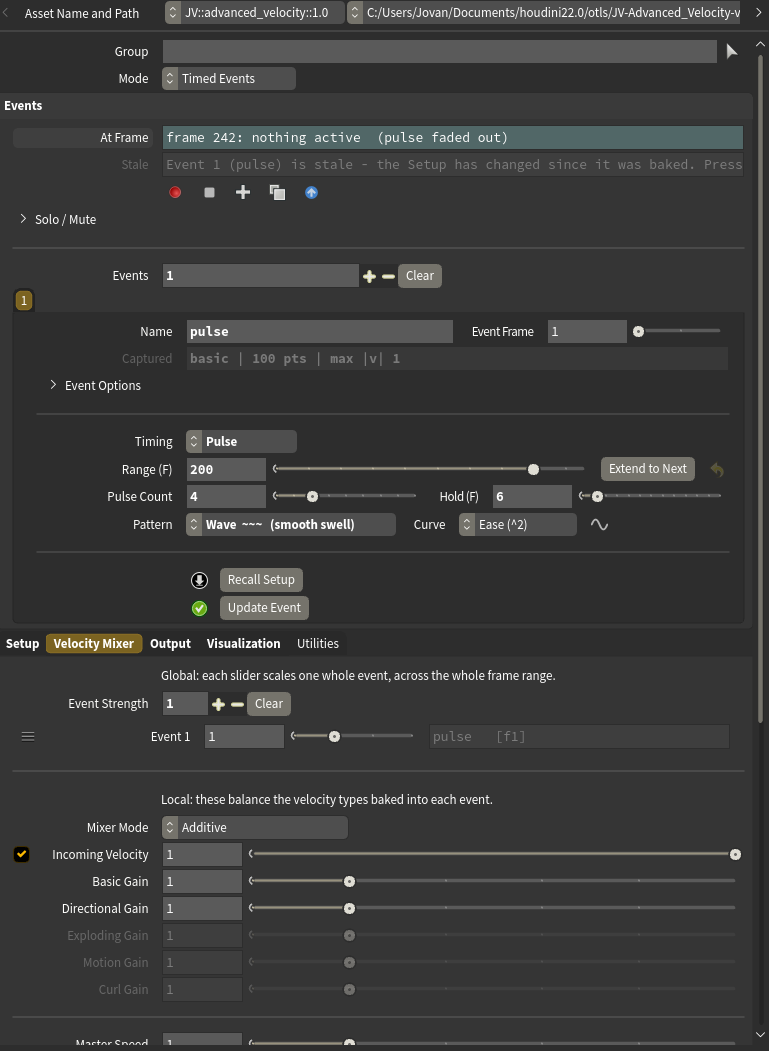 The Timed Events panel and the Velocity Mixer tab