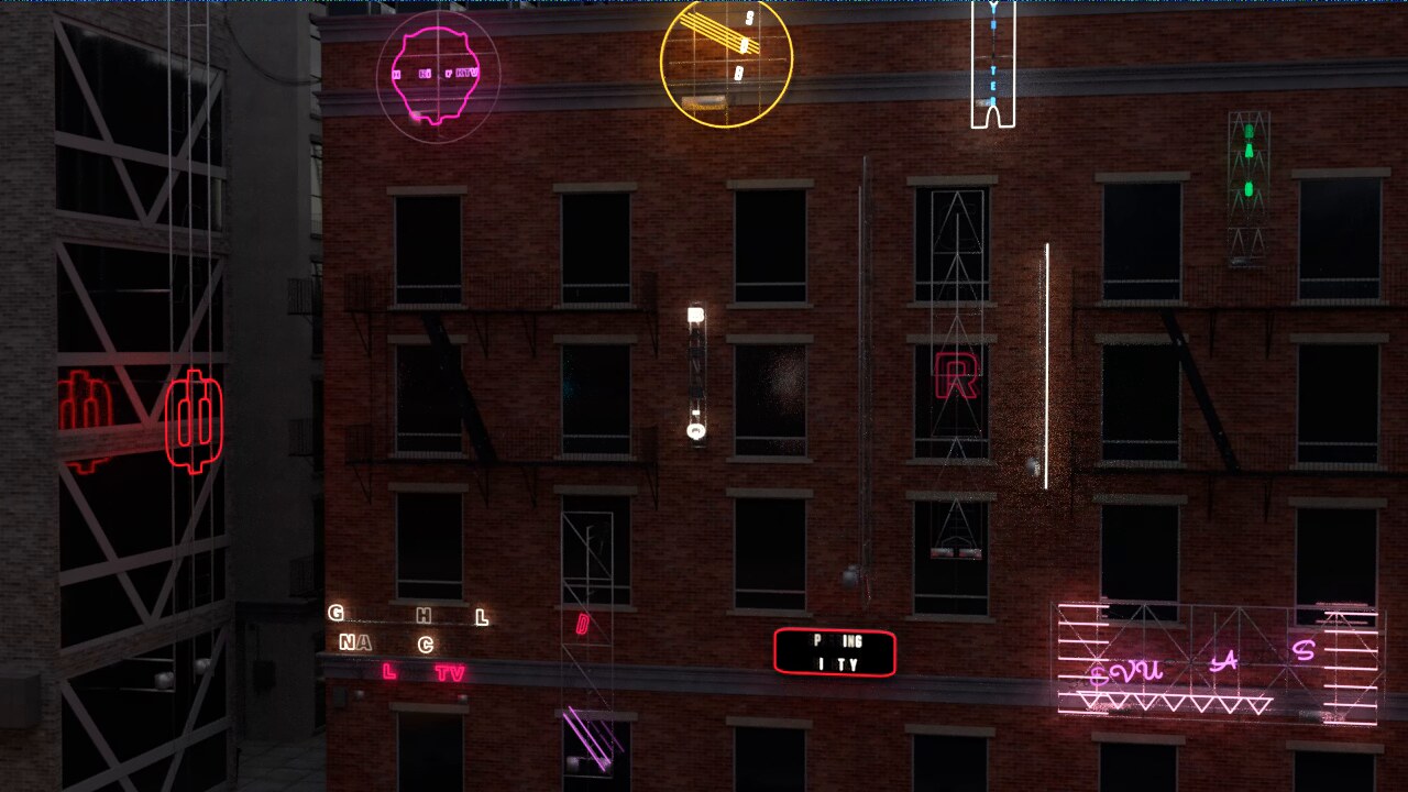 A street at a high Deterioration amount: dead letters, dimmed tubes, missing parts