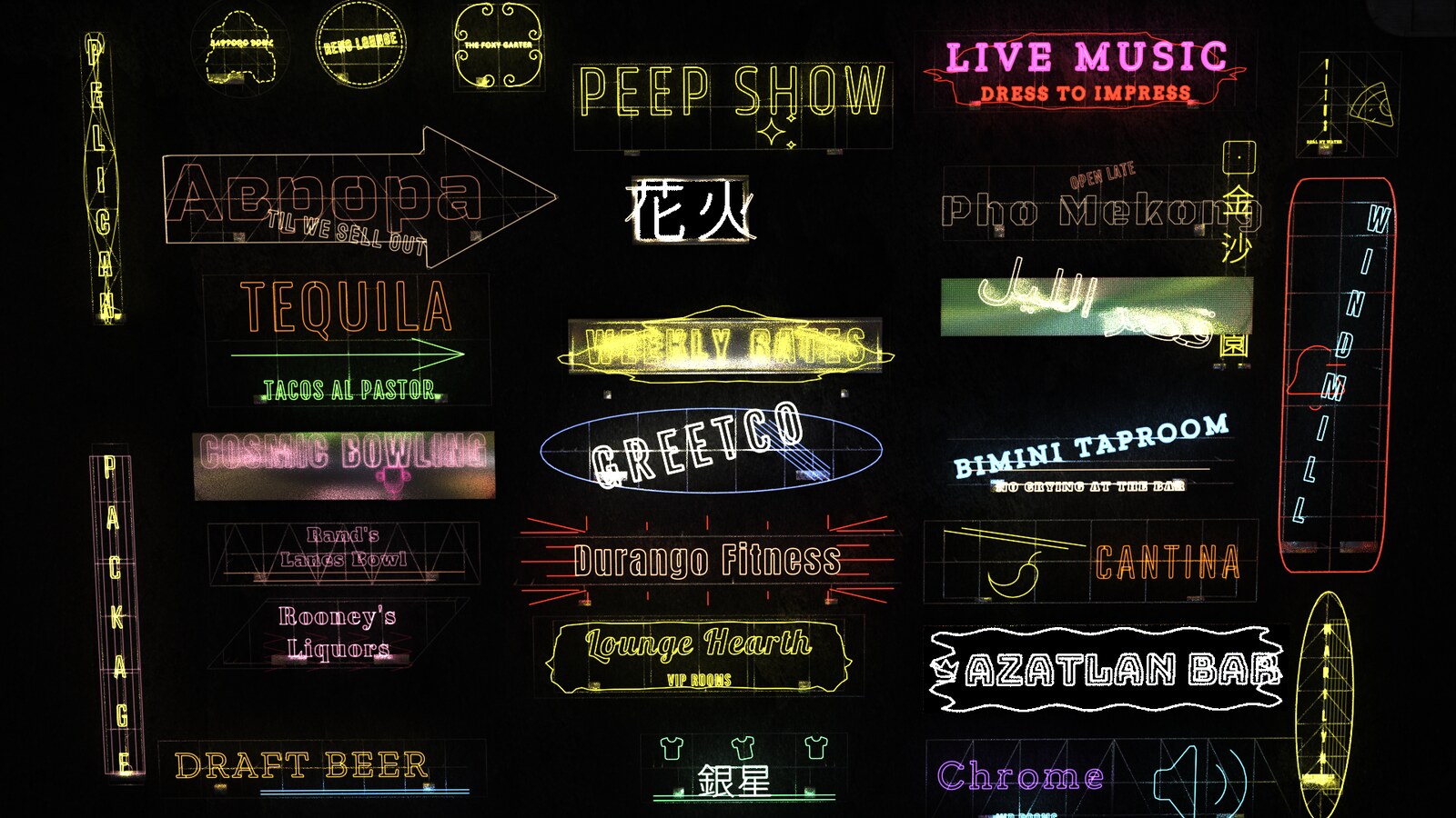 A wall of generated signs, rendered in Karma