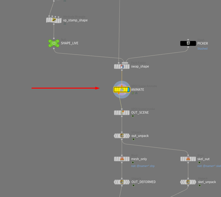 Inside the rig node: the ANIMATE node, below the rig and above its output