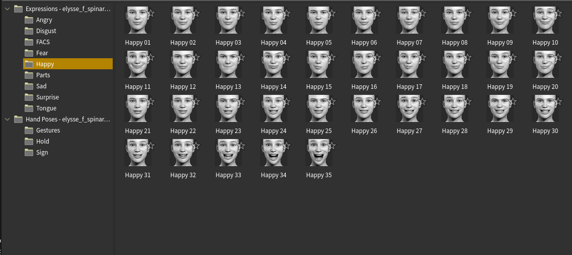 The expressions, by folder: Angry, Disgust, FACS, Fear, Happy, Parts, Sad, Surprise, Tongue