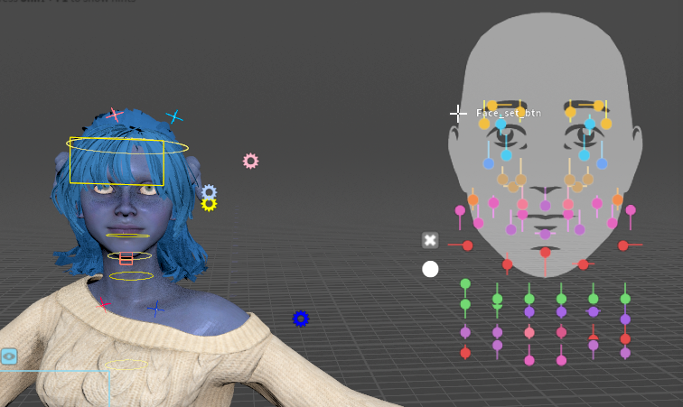 The face board (boxlayout on): the sliders laid out on a flat face beside the head, with the move circle and the X that turns it off